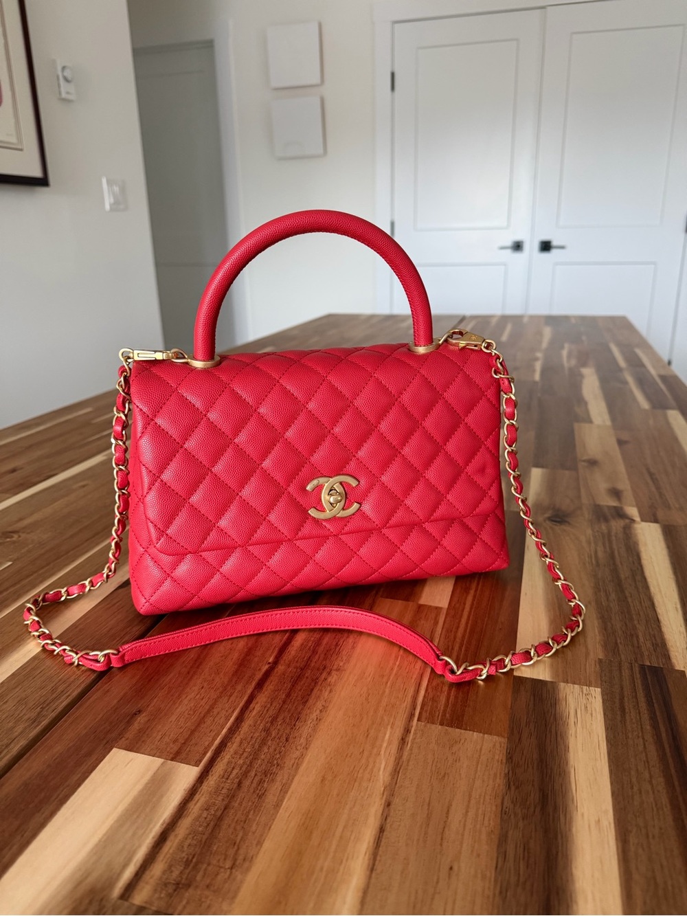 CHANEL Red Medium Caviar Coco Handle Bag with Gold Hardware